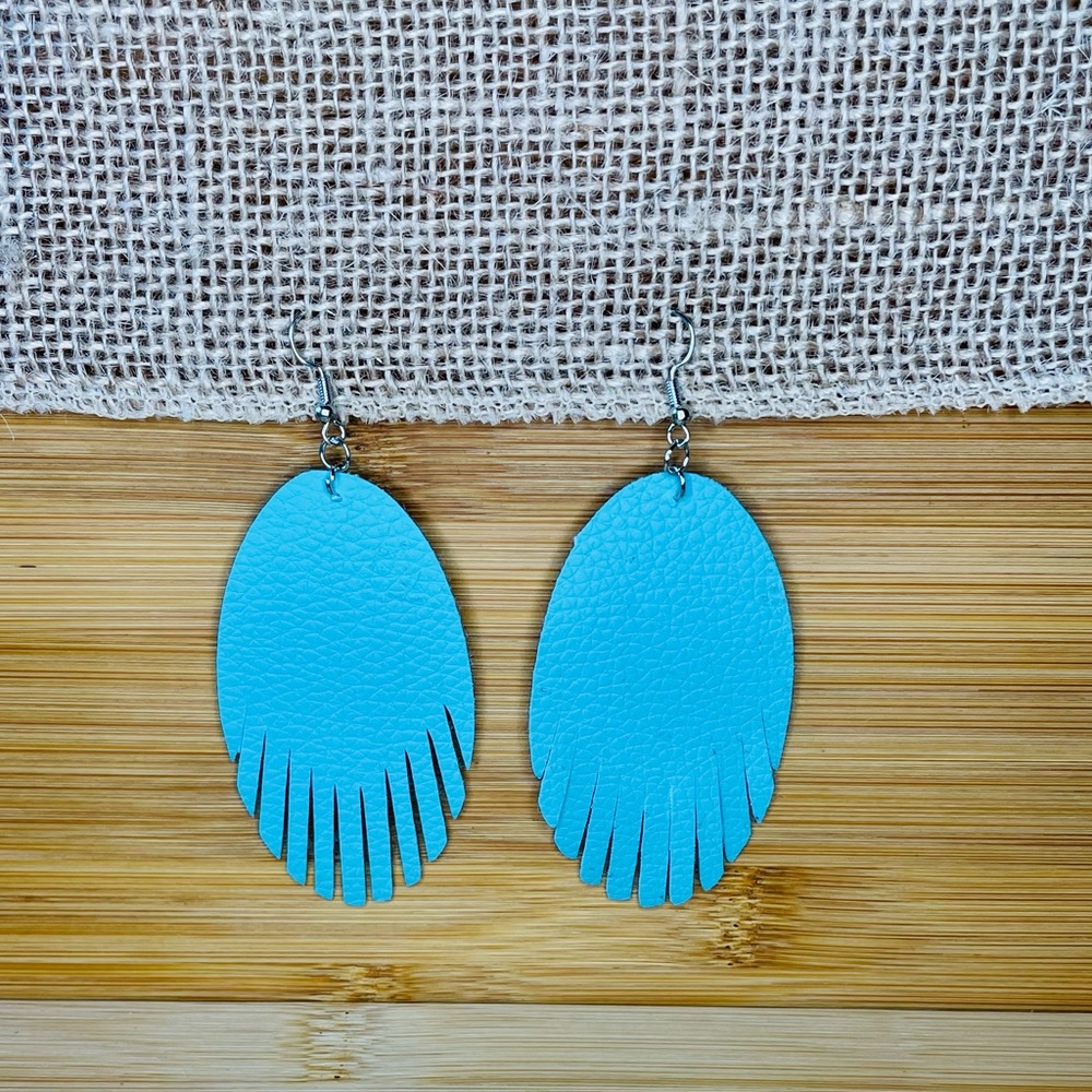 Light Blue Oval Fringe Earrings